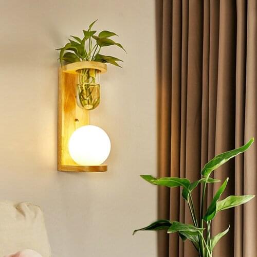 Bedroom green plant wall lamp bedside lamp creative balcony living room aisle solid wood art LED window light tricolor light