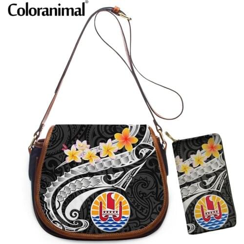 Coloranimal 2021 Hot Sale 2Pcs Shoulder Bag&Wallet Pretty Tahiti Flag Polynesian Sea Fish and Flower Print Crossbody Bag Bolsa