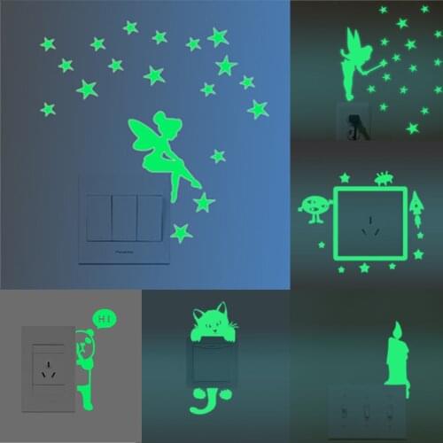 Luminous Cartoon Switch Sticker Glow in the Dark Cat Sticker Fluorescent Fairy Moon Stars wall Stickers Kid Room Home Decoration
