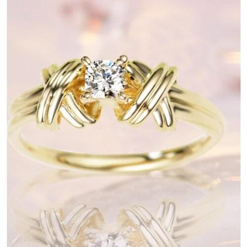 Vintage Luxury Shiny Zircon Crystal Women Ring Fashion Interlaced Alloy Gold Female Engagement Wedding Ring Charm Jewelry