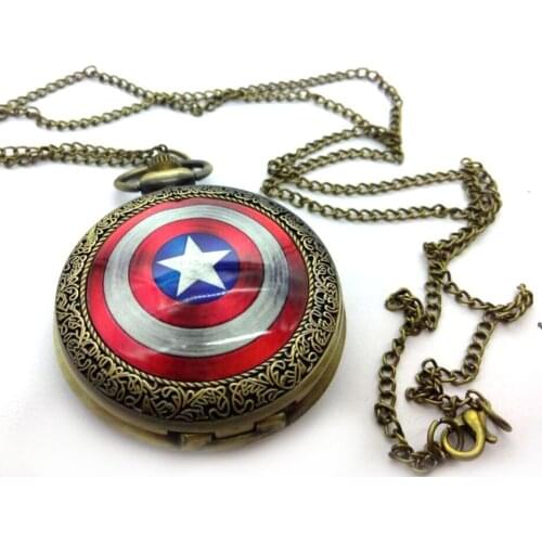 Vintage Bronze antiques Captain America enamel pattern men and students Necklace pocket watches gift