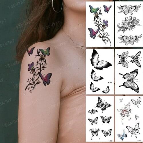 Waterproof Temporary Tattoo Sticker Butterfly Wing Rose Flower Color Tatoo Shoulder Arm Flash Tatto Man Woman Child Fake Tattoos