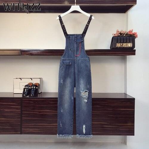 WITHZZ Spring Autumn Denim Overalls Womens Loose Plus Size Fashion Hole Asian Size Jumpsuit Jeans
