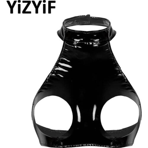 Women Sexy Open Cup Wet Look Faux Leather Sleeveless Halter Neck Backless Open Bust Crop Tank Tops Open Cup Bra Top lingerie