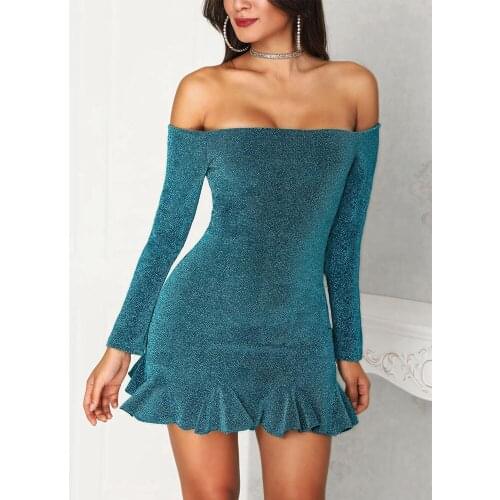 Summer New Fashion Sexy Casual Commutes Womens Blue Word Collar Long Sleeve Lotus Leaf Edge Tight Mini Short Dress