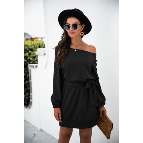 Women Spring Autumn Solid Color Pencil Dresses Inclined Collar Bandage Long Sleeve Mini Y2K Dress For Woman Robe Femme Vestidos