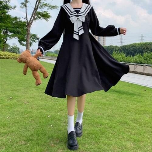 College Style Long-Sleeved Dress Women Spring and Autumn Japanese Sweet Bow Sailor Collar High Waist JK Sailor dress jk uniform