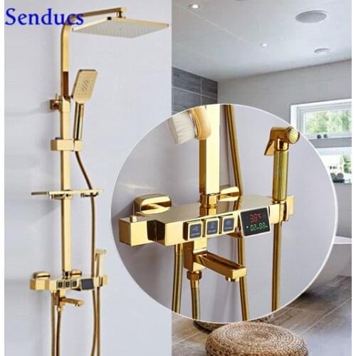 Gold Thermostatic Shower Faucet Senducs Black Digital Bathroom Shower Set Rainfall Shower Head Thermostatic Bath Shower System