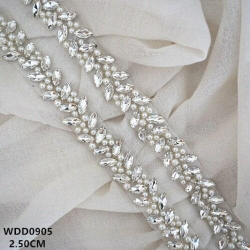 10 yards) Wholesale bridal hand beaded sewing silver crystal rhinestone applique trim iron on for wedding dress WDD0905