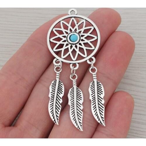6 x Feather Dream Catcher Round Necklace Earring Charms Pendants for DIY Jewelry Making Findings 65x27mm
