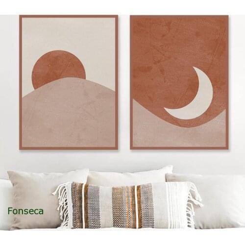 Abstract Landscape Sun and Moon Posters Print Mid Century Modern Minimal Canvas Painting Wall Art Pictures Boho Home Decor