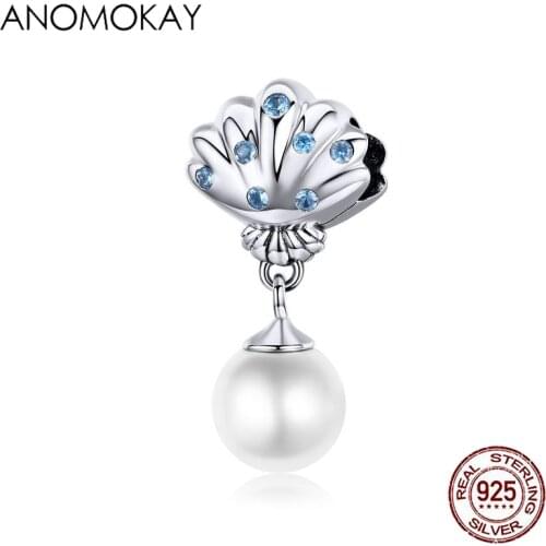 Anomokay 100% 925 Sterling Silver Sea Shell Pearl Crystal Charm for Women Jewelry Making Pearl Pendant for Necklace Female Gifts