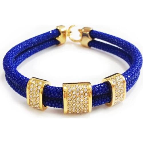 BC Jewelry BLue Genuine Stingray Leather Bracelets For Women with White CZ Gold Stainless Steel Buckle Watch band Bangle