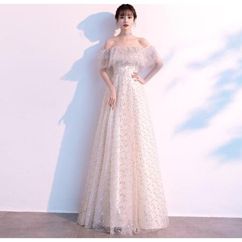 Sequins Boat Neck Evening Dress Simple Elegant Empire A-Line Ruffles Short Sleeves Floor-Length Woman Formal Party Gowns A1398