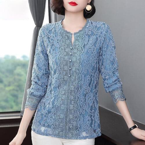 Large size loose women blouses 2021 autumn new lace women shirt tops fashion casual round neck long sleeve women blouses cloths