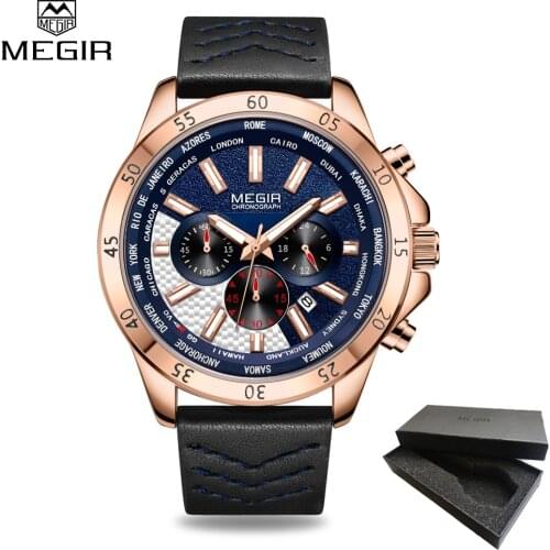 New MEGIR Brand Chronograph Men Watch Relogio Masculino Blue Leather Business Quartz Watch Clock Men Army Military Wrist Watches