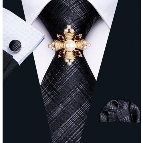 Black Plaid Fashion Men Tie Necktie Gravat Handkerchief Brooch Set Silk Ties Party Business for Men Geometric Adult One Size Bag