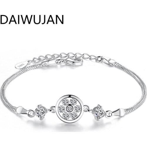 DAIWUJAN Double Layers Round Flower Charms Bracelets & Bangles for Women Girl Eternal Love 925 Sterling Silver Jewelry Wholesale