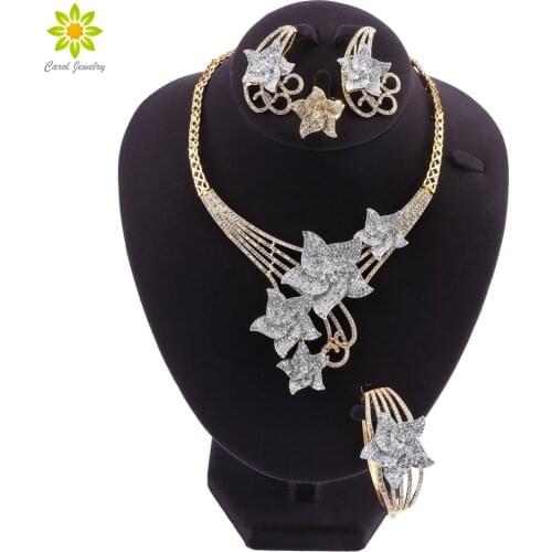 Dubai Jewelry Sets Crystal Necklace Bracelet Earrings Ring African Charm Women Classic Jewelry Set Wedding Party Jewelry