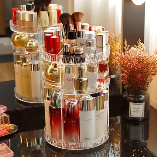 Diamond pattern rotating cosmetics storage box 360 degrees rotating desktop finishing adjustable shelf