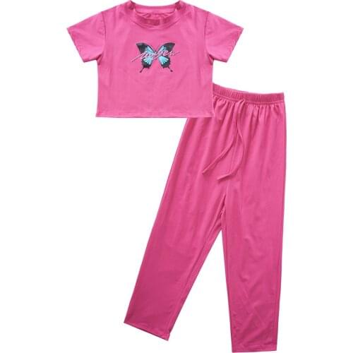 Summer Girls Clothes Set Cotton Casual Tracksuit Outfits Short Sleeves T-shirt Tops + Wide Leg Pants 2Pcs Kids Sports Sets