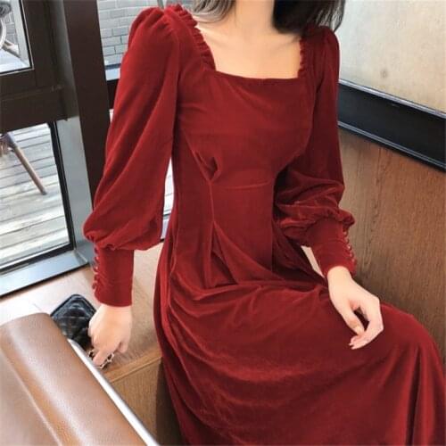 Fashion retro velvet dress female Korean style new square collar red christmas maxi long dresses