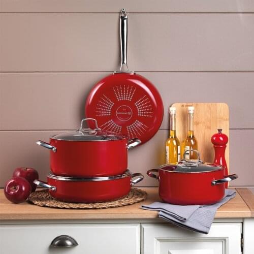 Cookware Set 4 piece Red Granite Glass Cover Stew Pot Made in Turkey