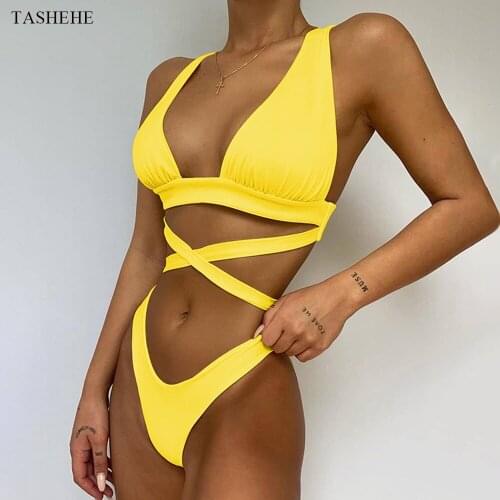 2021 New Sexy Bikini Solid Swimsuit Female Swimwear Women Push Up Bikini Cross Bandage Bathing Suit Beach Wear Swimming Suit