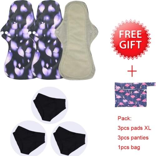 Wholesale Reusable Sanitary Pads 3PCS Heavy Flow Night Use Panty Liner Bamboo Pads Large Size+ 3PCS Menstrual Panties+1Free Bag