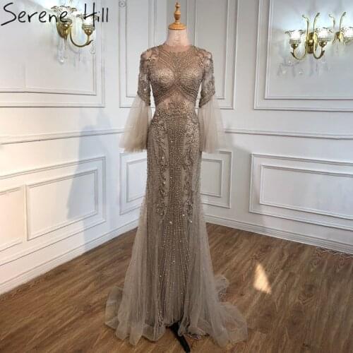 Nude Mermaid Luxury Long Sleeves Prom Dresses 2020 Sparkle Sequined Beading Gowns Serene Hill BLA70289