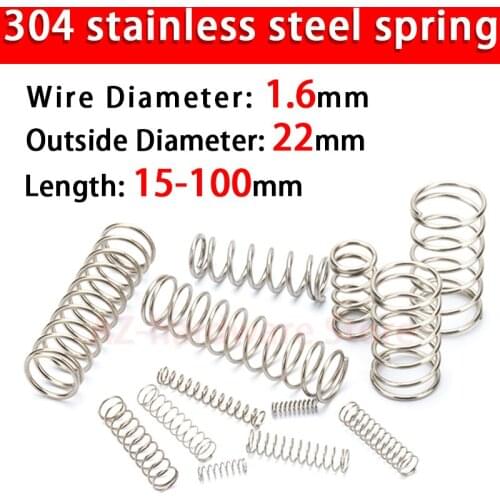 304 Stainless Steel Compression Spring Return Spring Steel Wire Diameter 1.6mm Outside Diameter 22mm Pressure Spring 5/10 Pcs