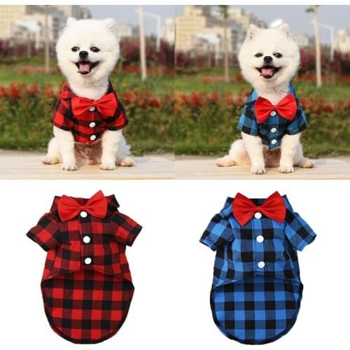 Dog Plaid Bow Tie Shirts British Gentleman Style T-Shirt for Small Medium Dogs Cats Pet Outfits Cute Spring Summer Clothes