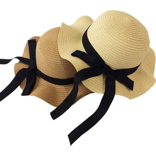 Girls Summer Cap Black Ribbon Decorate Wavy Straw Hat For Girls Children Panama elegant Hat Kids Sun Cap Baby Beach Hats