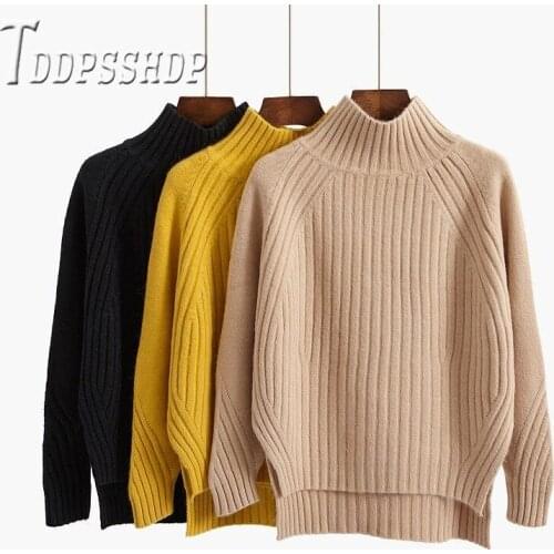 Turtleneck Women Sweater Loose Irregular Harajuku Solid Color Base Sweater Female Tops