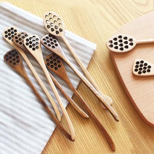 Japan Style Wooden Stirring Spoon Honeycomb Honey Long Handle Mixing Teaspoon Solid Wood Stirrer Tableware