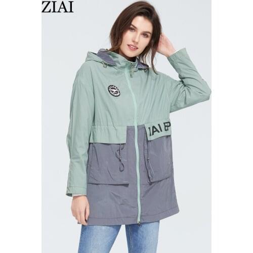 ZIAI 2020 Spring trench coat hooded women light green fashion mid-length with Big pocket zipper sport female ZS-3068
