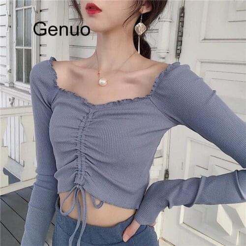 Women Slim Full Sleeve Ruffled Slash Neck Cropped Tee Shirts Lady Stretchy Draw String Crop Tops T-shirts For Girls