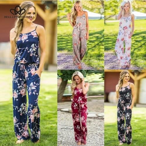 HStar 2020 women Floral Print Jumpsuit Fashion Trend Sling Print Loose Piece strap high waist women bodysuit playsuit