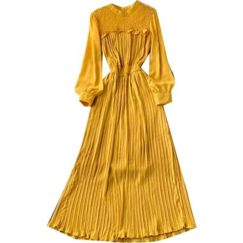 New Spring Autumn Women Long Sleeve Slim Long Dress Korean Chic Solid Color Pleated Chiffon Maxi Dress