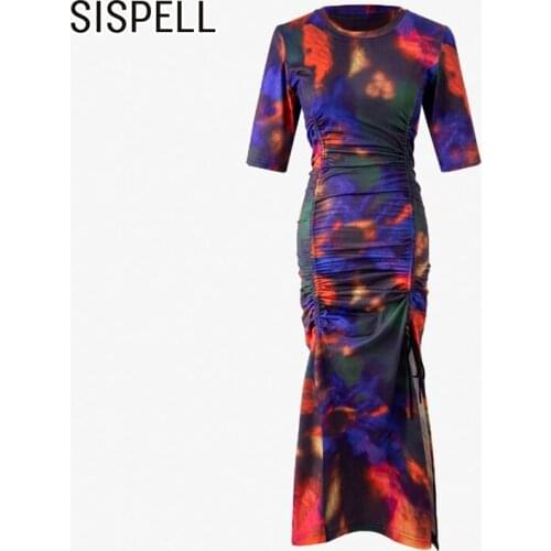 SISPELL Tie-dye Hit Color Womens Dress O Neck Short Sleeve High Waist Slimming Patchwork Ruffle Lace Up Bowknot Side Slip Dress