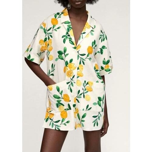 WXWT Za 2021 Summer Women Lemon Print Dress Short Sleeve Female Casual Loose Mini Dress Vestidos OZZ1057