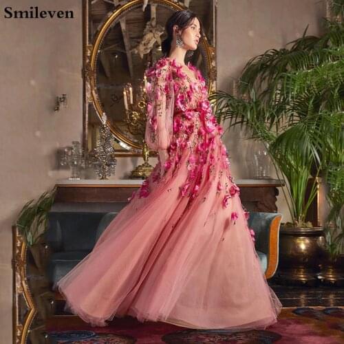 Smileven Arab A Line Prom Gowns Puff Sleeve With 3D Flowers Evening Party Dress robe de soiree
