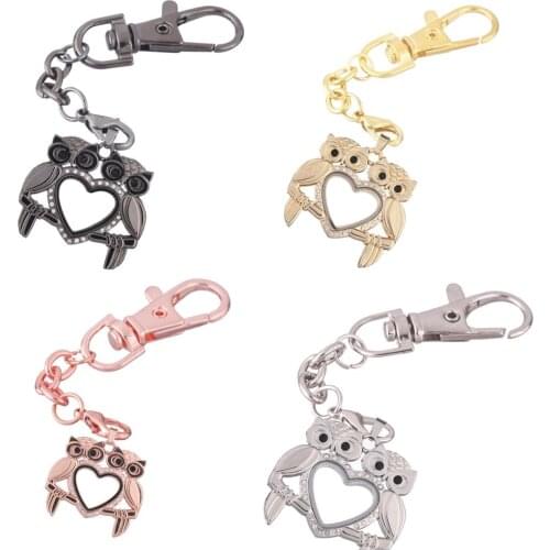 1pcs Two owls heart Rhinestone Alloy Floating charm Locket Keychain with Lobster clasp DIY twist memory Glass locket Key chain