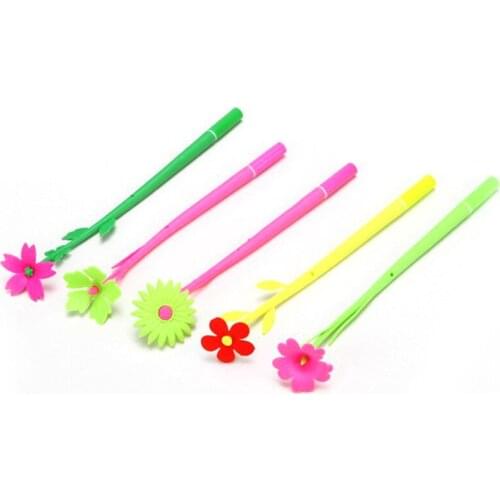 5pc Flower Gel Pen Creative Promotional Stationery Plant Flowers And Plants Gel Pen Cute Soft Silicone Small Flower Black Pen