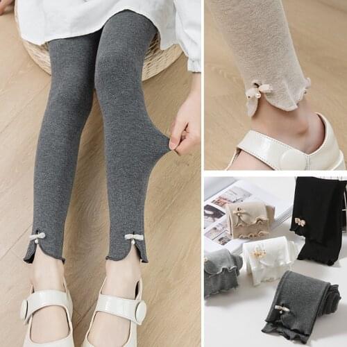 Childrens side pearl bowknot with wooden ears nine-point leggings spring and autumn pure cotton girls outer wear foreign style