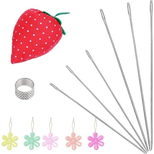 LMDZAssorted Beading Needles Including 6 Pcs Long Sewing Needles+ 5 Pcs Bead Needle Threader+1 Pcs Strawberry Shape Needles