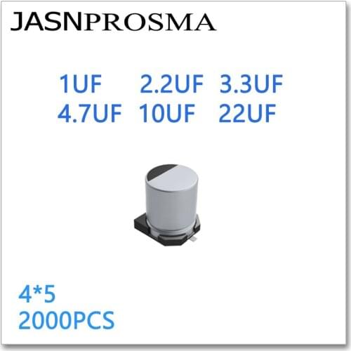 JASNPROSMA 2000PCS 4*5 1UF 2.2UF 3.3UF 4.7UF 10UF 22UF 10V 16V 25V 35V 50V SMD 4x5 Aluminum electrolytic capacitors