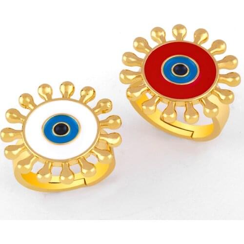 Gold Turkish Evil Eye Rings Enamel Eye Adjustable Ring for Woman Open Flower Engagement Jewelry ojos esmaltados anillos rig-j14