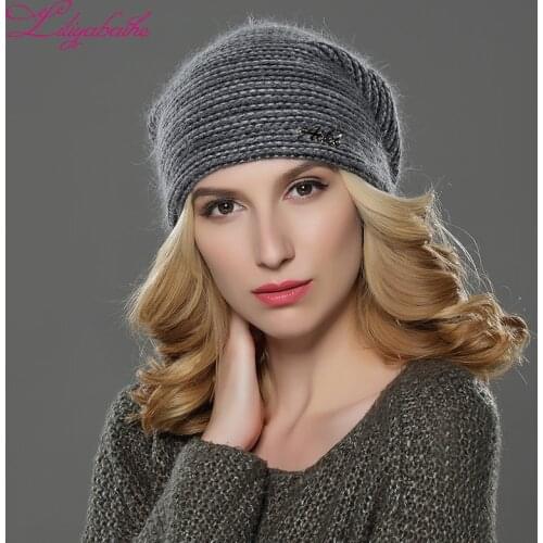 LILIYABAIHE NEW Style Women Beanies winter hat knitted wool angora Striped hats Exquisite letter decoration cap Double warm hat