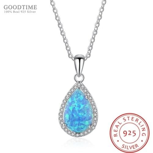 Fashion Necklace Jewelry Genuine 925 Sterling Silver Cubic Zirconia Blue Opal Pendant Necklaces For Women Girl Party Jewelry